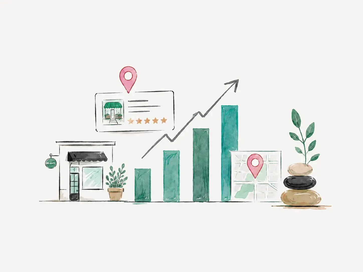 Watercolor illustration of a storefront with a rising growth chart and map pin