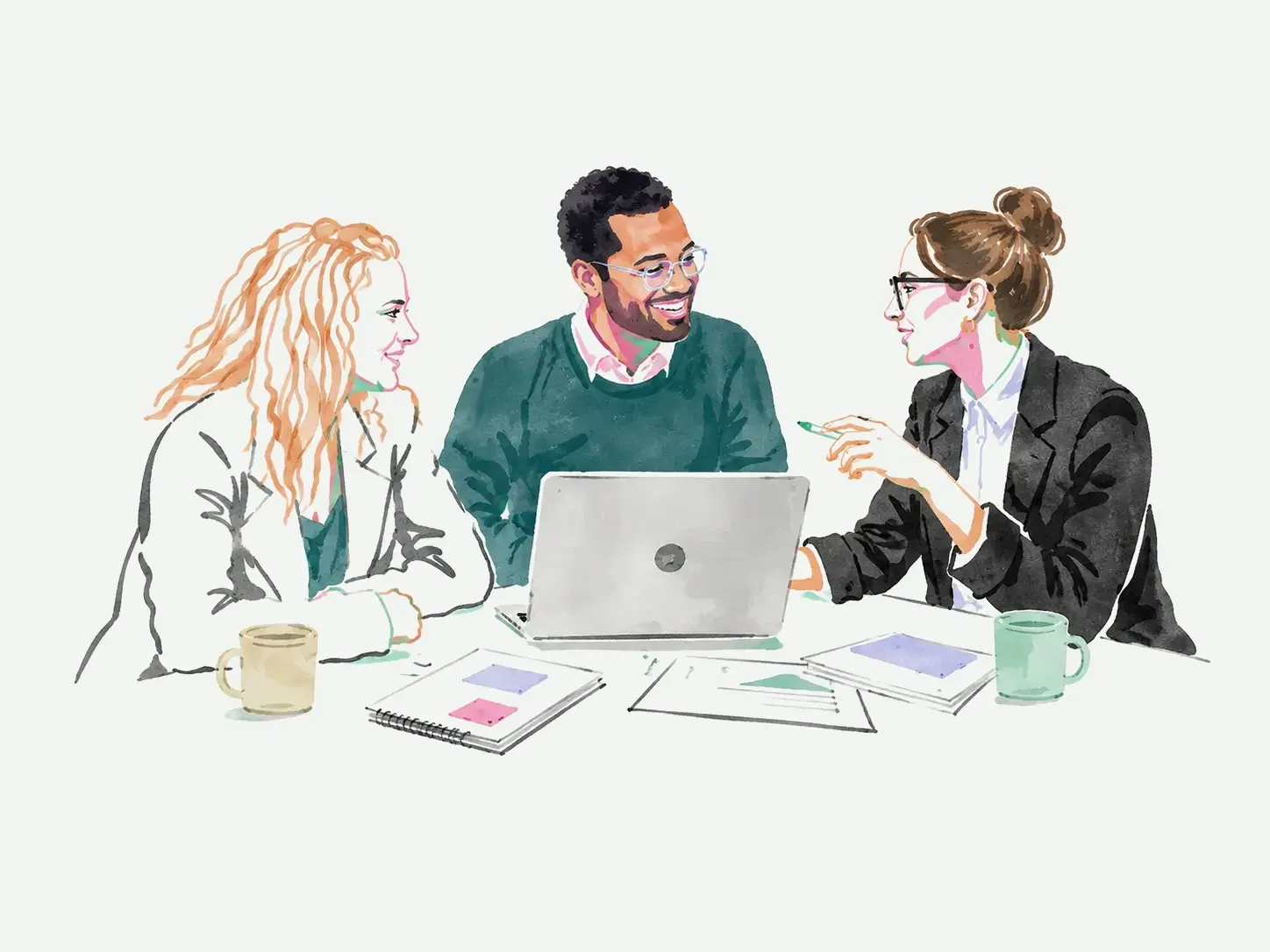 Watercolor illustration of a team collaborating around a laptop