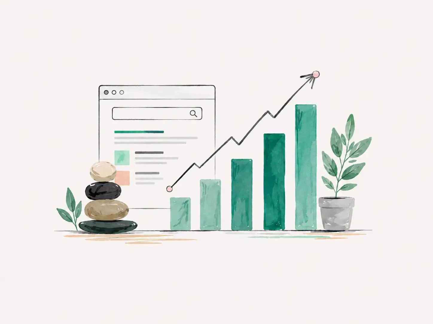 Watercolor illustration of a browser window with a rising growth chart